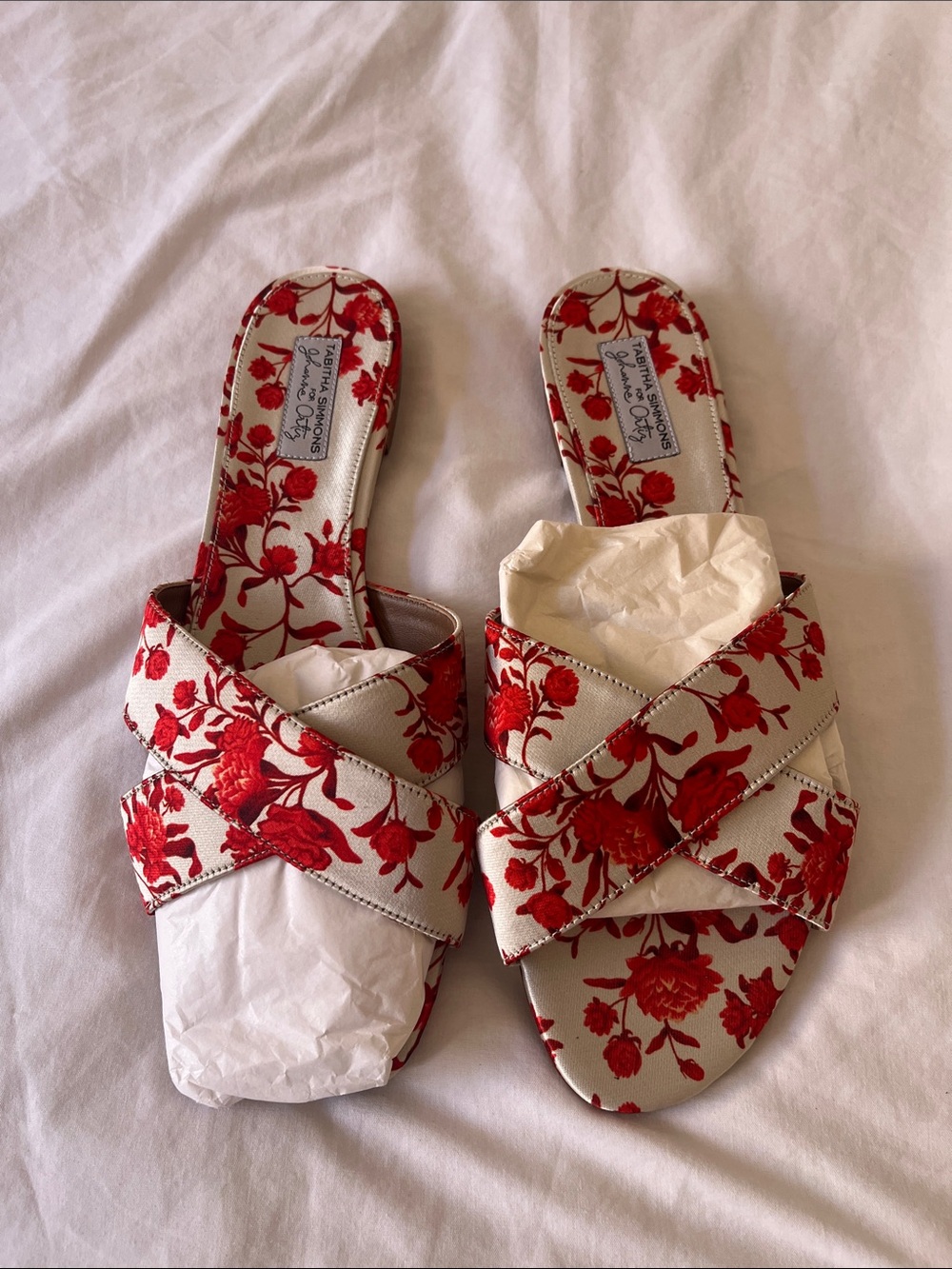Tabitha Simmons Red & Cream Floral Cross-Strap Slide Mules